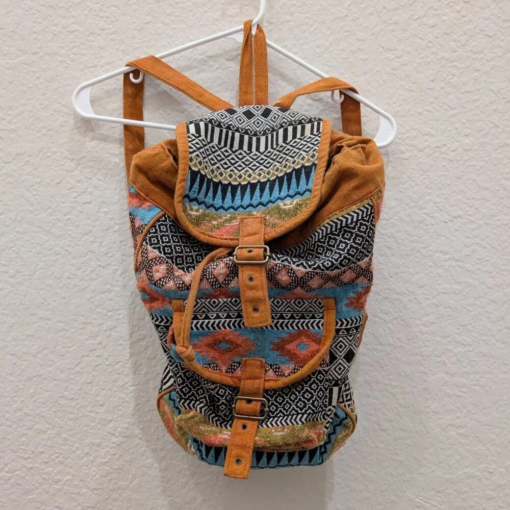 Boho‎ Aztec hippie backpack with drawstring buckles, woven tribal hippie